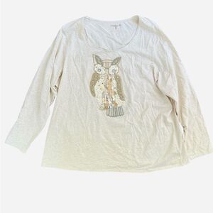 Sequin and Bead Owl Shirt Size 3X Long Sleeve Tee in Oatmeal Relaxed Fit